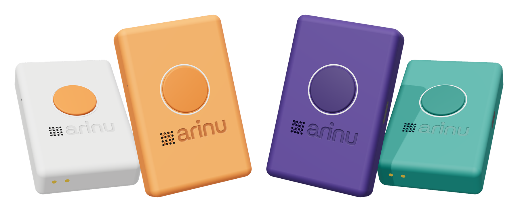 Four Ari wearables in paper white, tangerine, plum and teal, each with a large round SOS button inside a frosted ring and the arinu logo below it