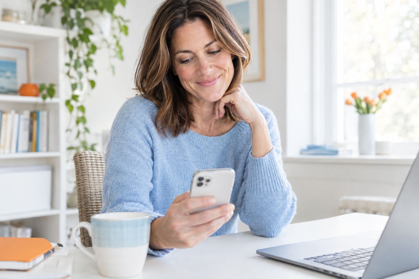 A woman at her kitchen table smiling as she reads a message on her phone